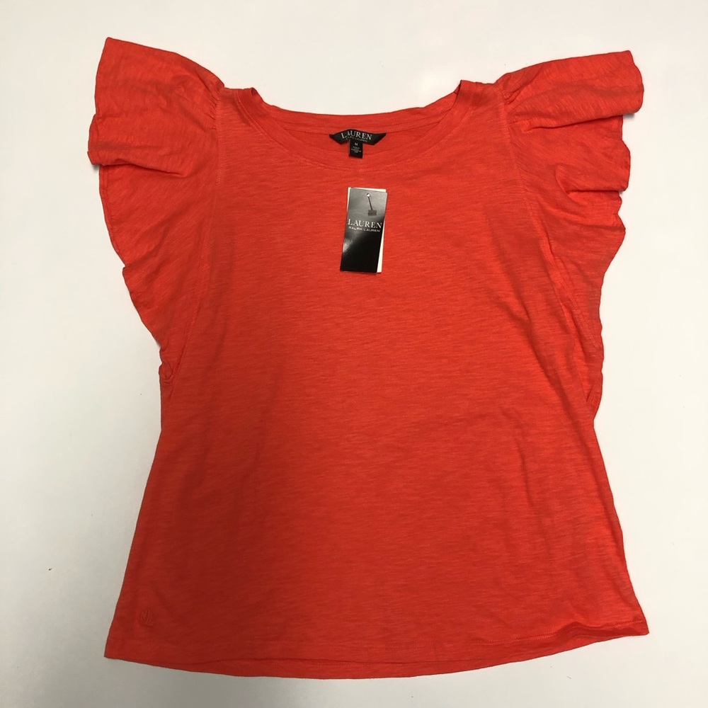 Lauren Ralph Lauren Woman Ruffle Sleeve Tee - Bright Orange top blouse Size M